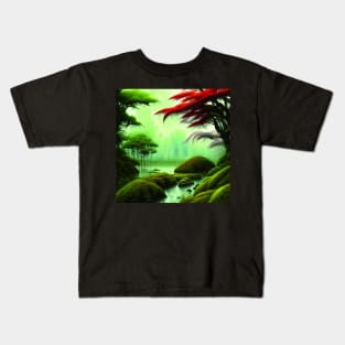 Digital Painting Scene Of a Lake Under A Variety Of Colorful Plants, Amazing Nature Kids T-Shirt